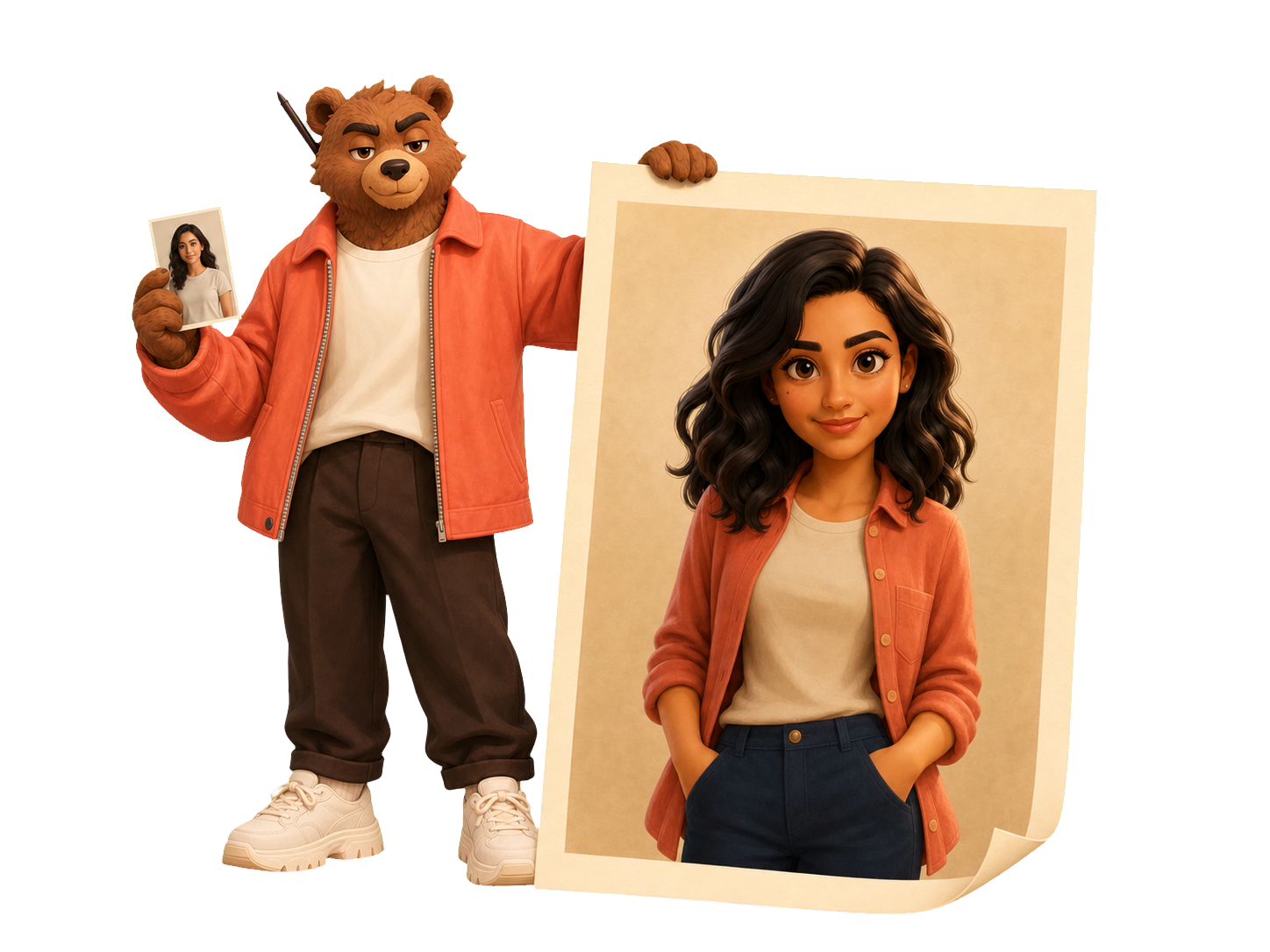 La mascotte ours Vunia présente la photo originale et sa grande affiche personnalisée