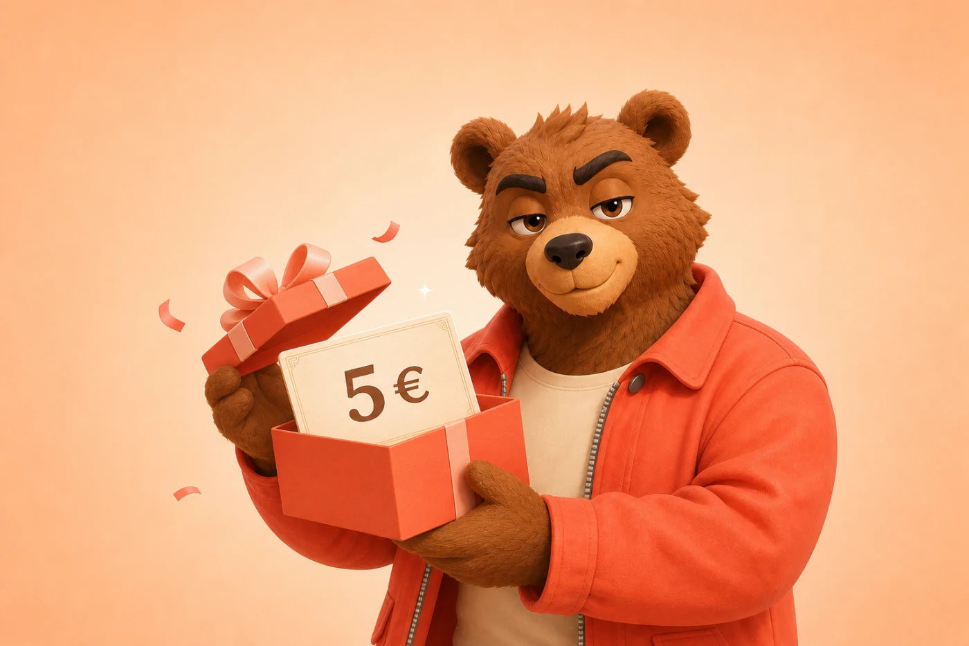 L’ours du studio Vunia ouvre un cadeau contenant un bon de 5 euros